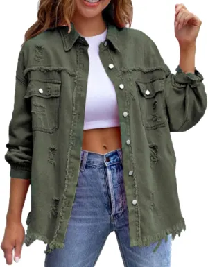 Jean Jacket Women 2024 Trendy Classic Lapel Button Down Up Frayed Hem Shacket Long Sleeve Distresse Trucker Coats
