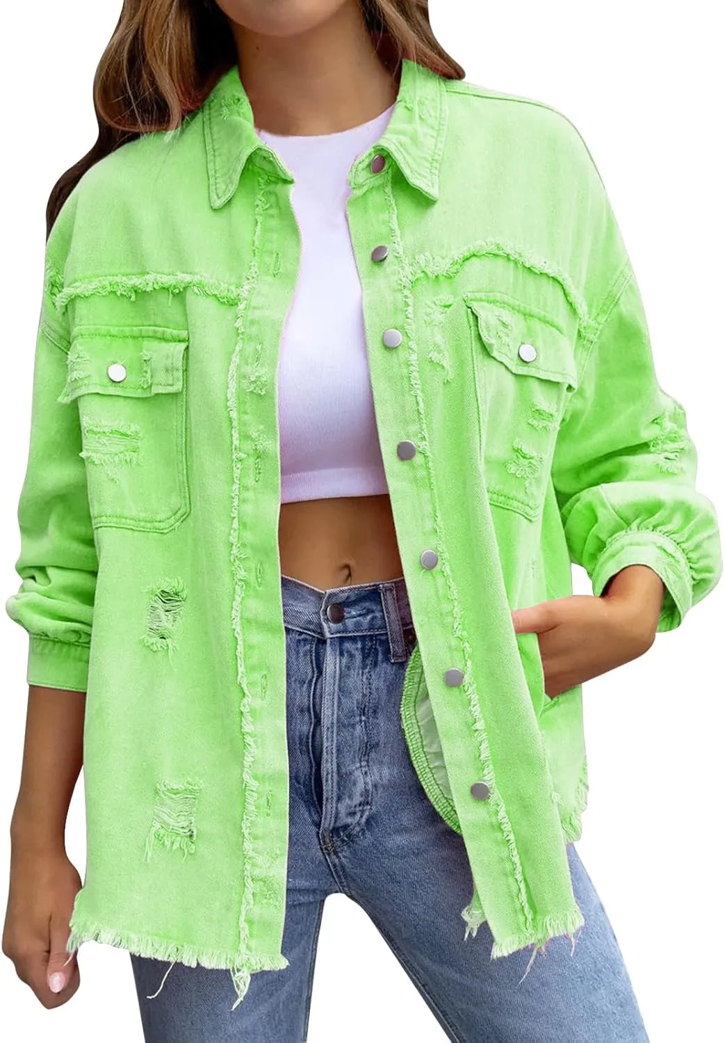 Jean Jacket Women 2024 Trendy Classic Lapel Button Down Up Frayed Hem Shacket Long Sleeve Distresse Trucker Coats