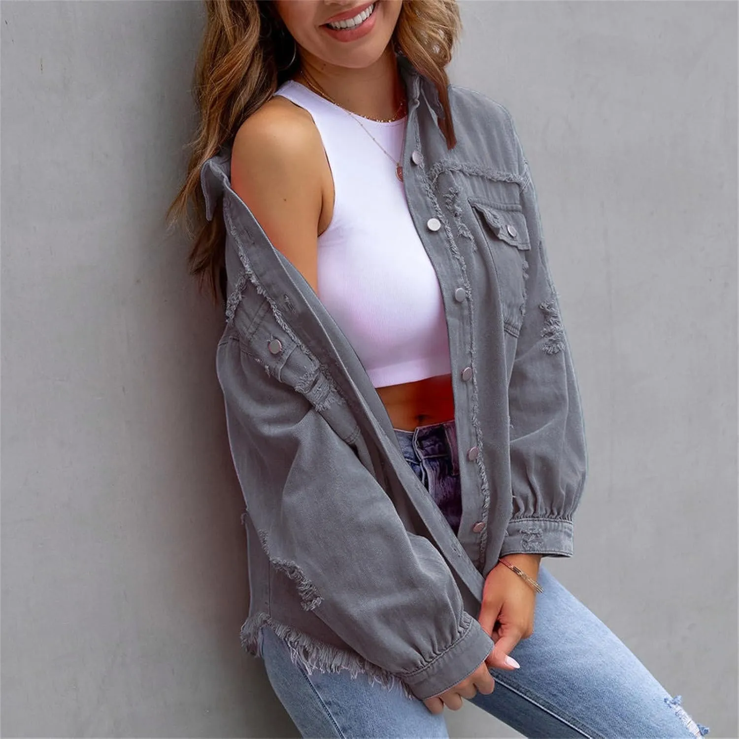 Jean Jacket Women 2024 Trendy Classic Lapel Button Down Up Frayed Hem Shacket Long Sleeve Distresse Trucker Coats