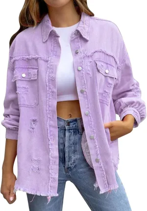 Jean Jacket Women 2024 Trendy Classic Lapel Button Down Up Frayed Hem Shacket Long Sleeve Distresse Trucker Coats