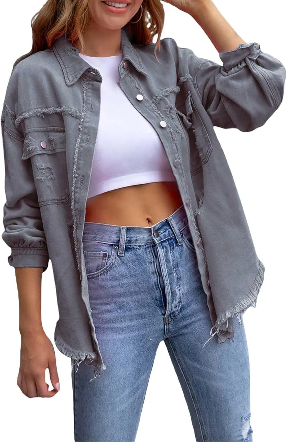 Jean Jacket Women 2024 Trendy Classic Lapel Button Down Up Frayed Hem Shacket Long Sleeve Distresse Trucker Coats
