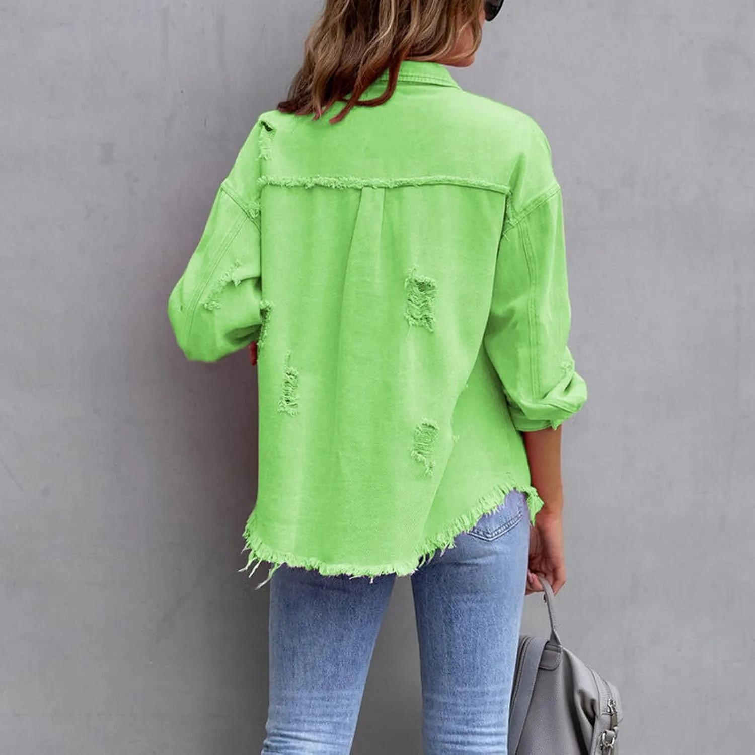 Jean Jacket Women 2024 Trendy Classic Lapel Button Down Up Frayed Hem Shacket Long Sleeve Distresse Trucker Coats