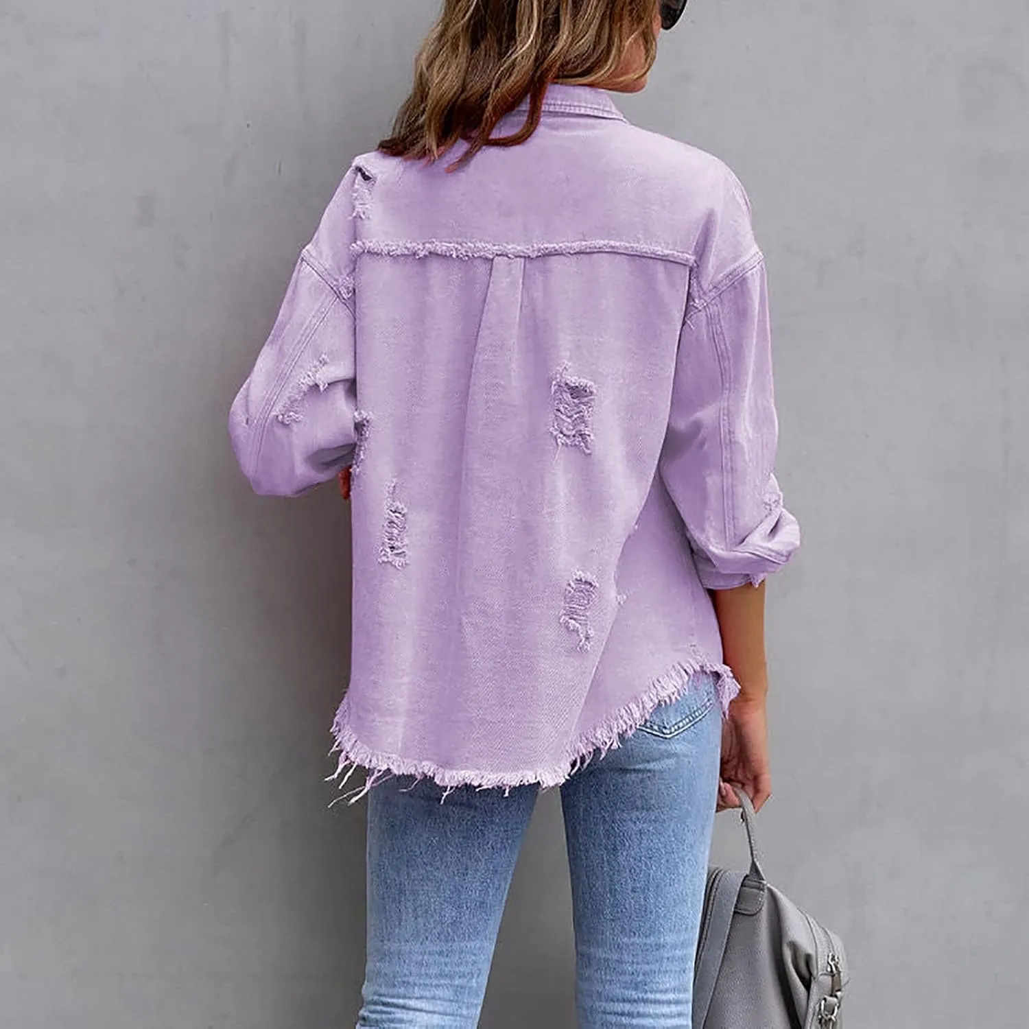 Jean Jacket Women 2024 Trendy Classic Lapel Button Down Up Frayed Hem Shacket Long Sleeve Distresse Trucker Coats