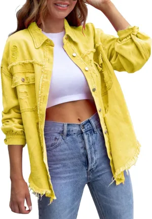 Jean Jacket Women 2024 Trendy Classic Lapel Button Down Up Frayed Hem Shacket Long Sleeve Distresse Trucker Coats