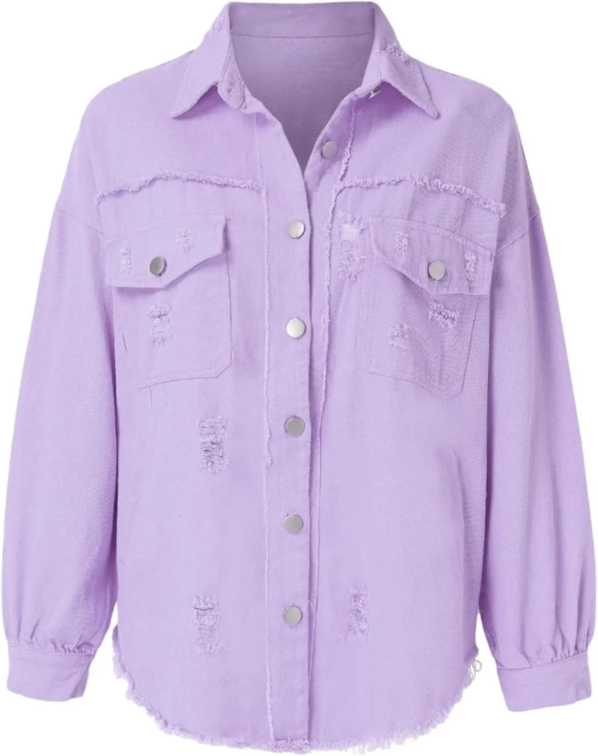 Jean Jacket Women 2024 Trendy Classic Lapel Button Down Up Frayed Hem Shacket Long Sleeve Distresse Trucker Coats