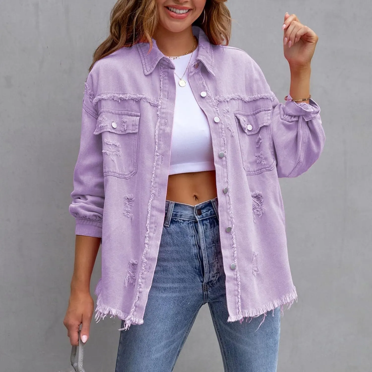 Jean Jacket Women 2024 Trendy Classic Lapel Button Down Up Frayed Hem Shacket Long Sleeve Distresse Trucker Coats