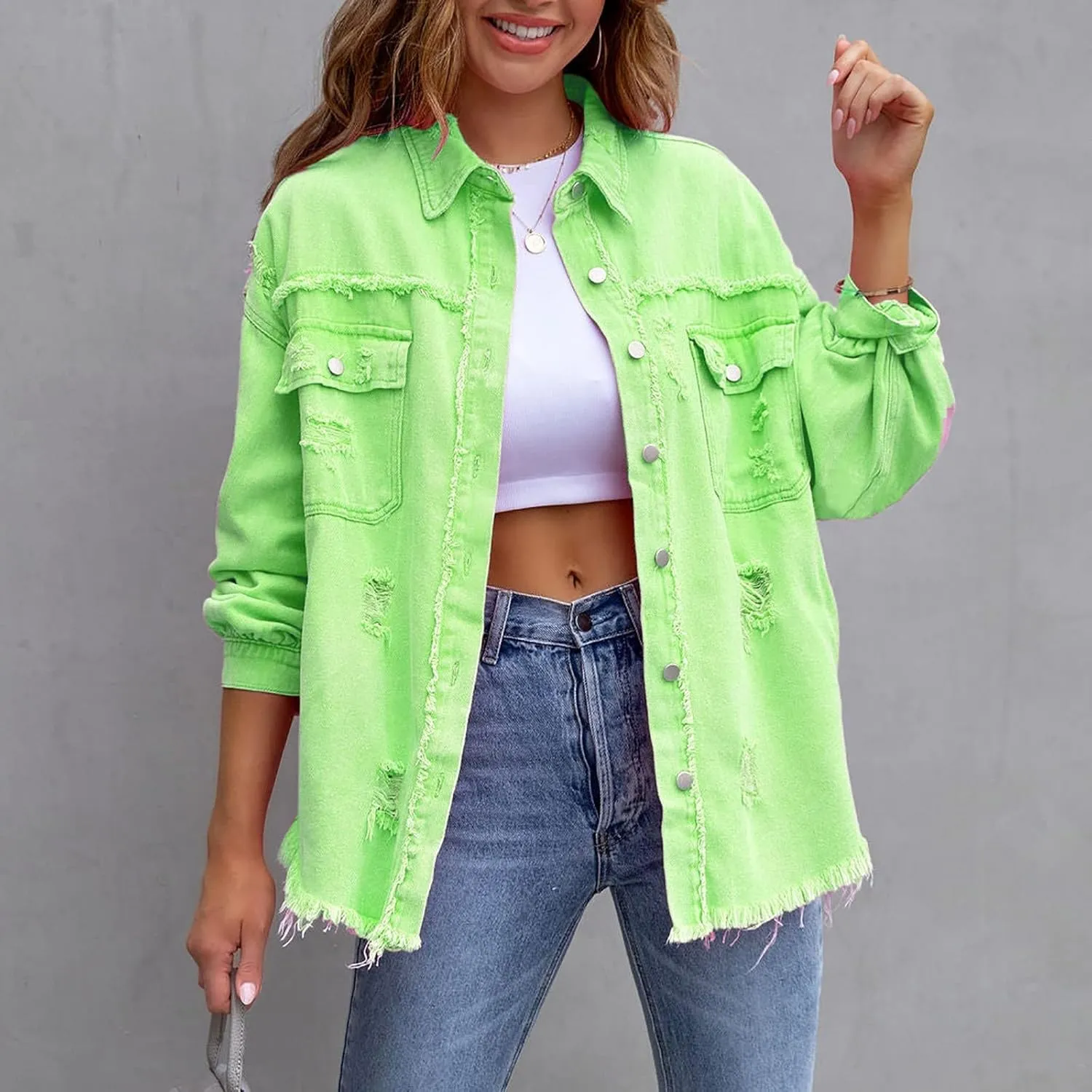 Jean Jacket Women 2024 Trendy Classic Lapel Button Down Up Frayed Hem Shacket Long Sleeve Distresse Trucker Coats