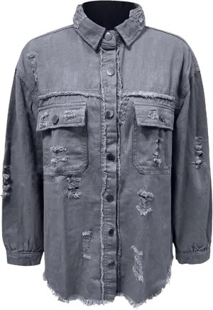 Jean Jacket Women 2024 Trendy Classic Lapel Button Down Up Frayed Hem Shacket Long Sleeve Distresse Trucker Coats