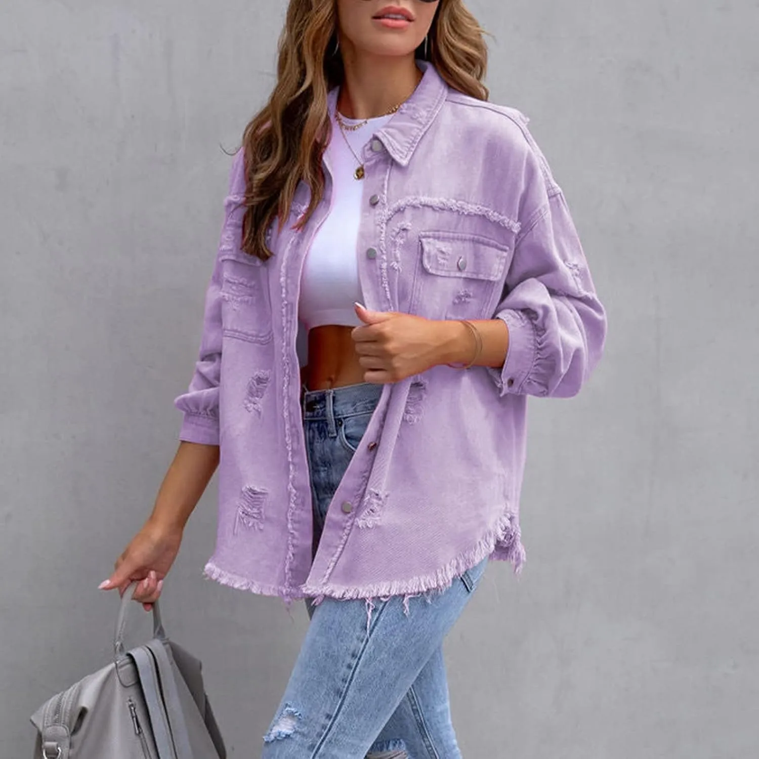 Jean Jacket Women 2024 Trendy Classic Lapel Button Down Up Frayed Hem Shacket Long Sleeve Distresse Trucker Coats