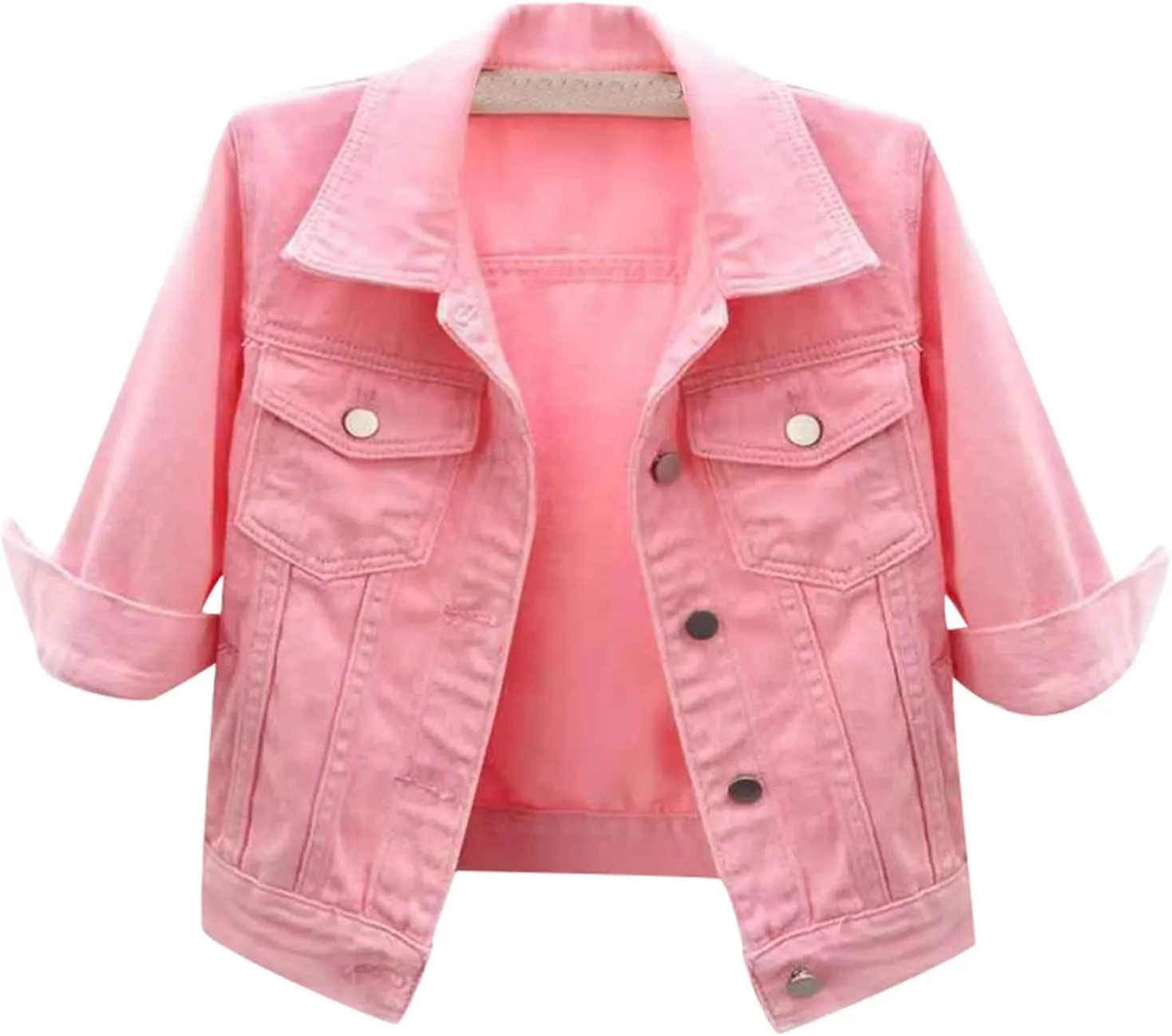 Jean Jacket Women 3/4 Sleeve Colored Cropped Denim Jacket Trendy Light Wash Short Jean Jacket Trucker Coat