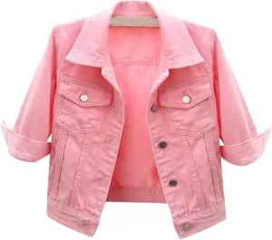 Jean Jacket Women 3/4 Sleeve Colored Cropped Denim Jacket Trendy Light Wash Short Jean Jacket Trucker Coat