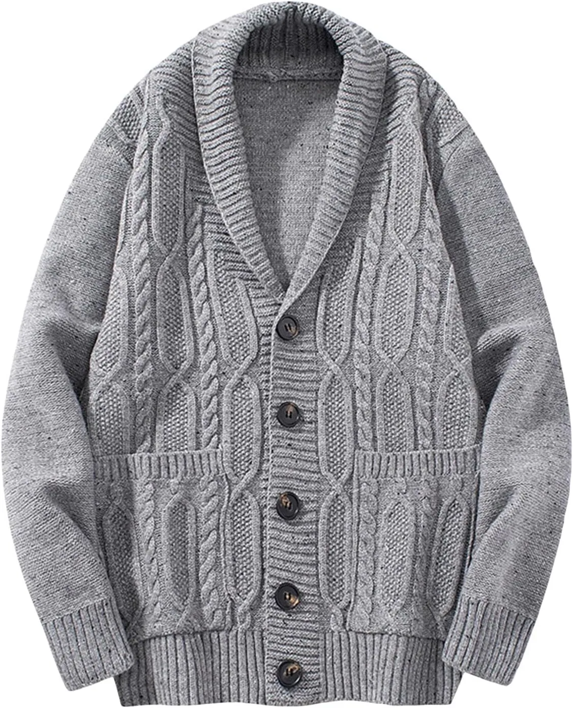 JEsilunmaMY Men's Cable Knit Button Down Cardigan Long Sleeve Shawl Collar Knitwear with Pocket Casual Chunky Knitted Outwear