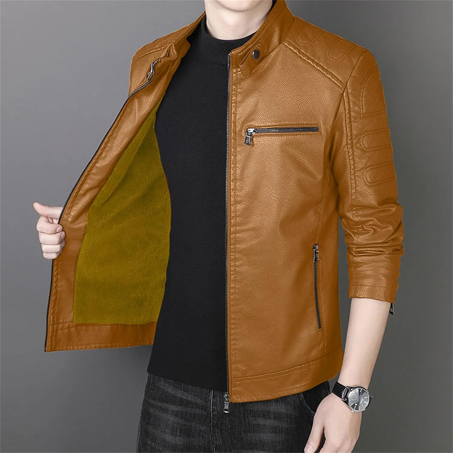 JEsilunmaMY Men's Fleece Lined Leather Biker Coat Full Zip Stand Collar Motorcycle Jacket Lightweight Wash Bomber Outwear