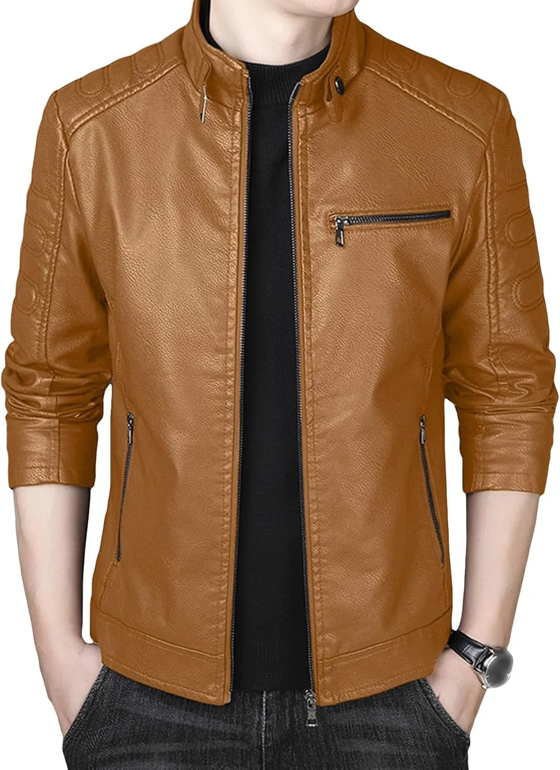JEsilunmaMY Men's Fleece Lined Leather Biker Coat Full Zip Stand Collar Motorcycle Jacket Lightweight Wash Bomber Outwear