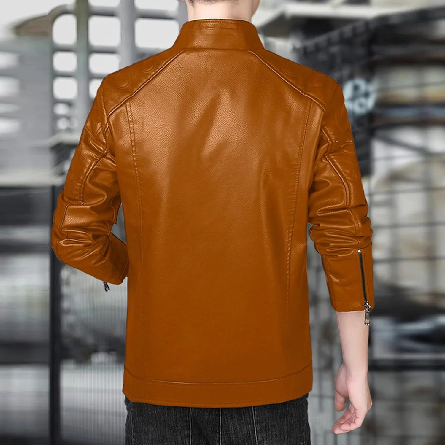 JEsilunmaMY Men's Fleece Lined Leather Biker Coat Full Zip Stand Collar Motorcycle Jacket Lightweight Wash Bomber Outwear
