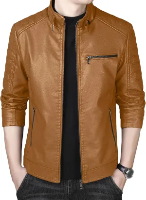 JEsilunmaMY Men's Fleece Lined Leather Biker Coat Full Zip Stand Collar Motorcycle Jacket Lightweight Wash Bomber Outwear