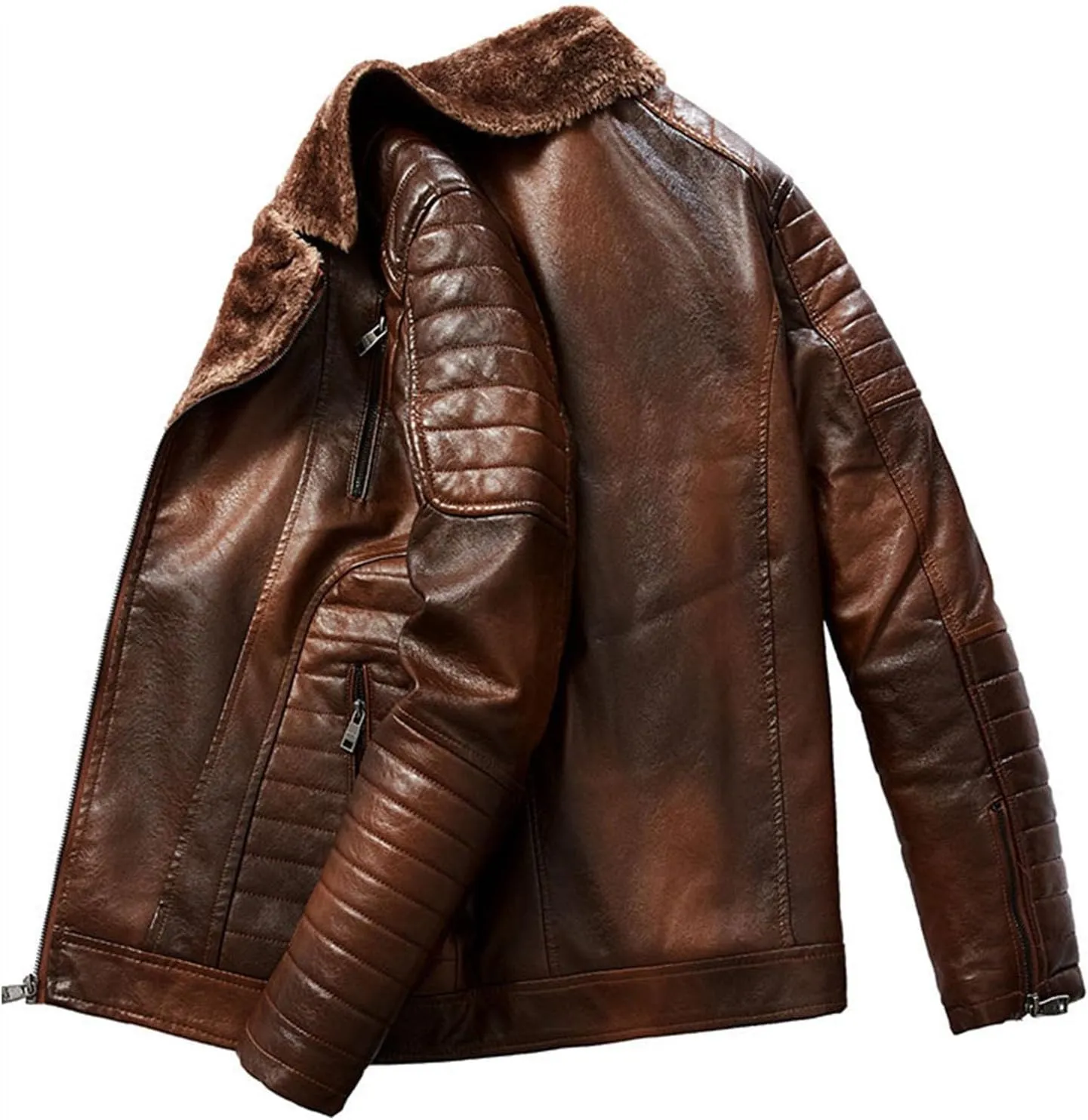 JEsilunmaMY Men's Retro Sherpa Motorcycle Leather Jacket Fleece Lined Suit Collar Moto Biker Coat Fall Winter Warm Outwear