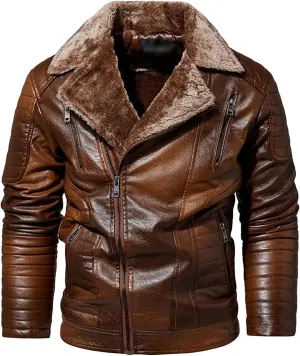 JEsilunmaMY Men's Retro Sherpa Motorcycle Leather Jacket Fleece Lined Suit Collar Moto Biker Coat Fall Winter Warm Outwear