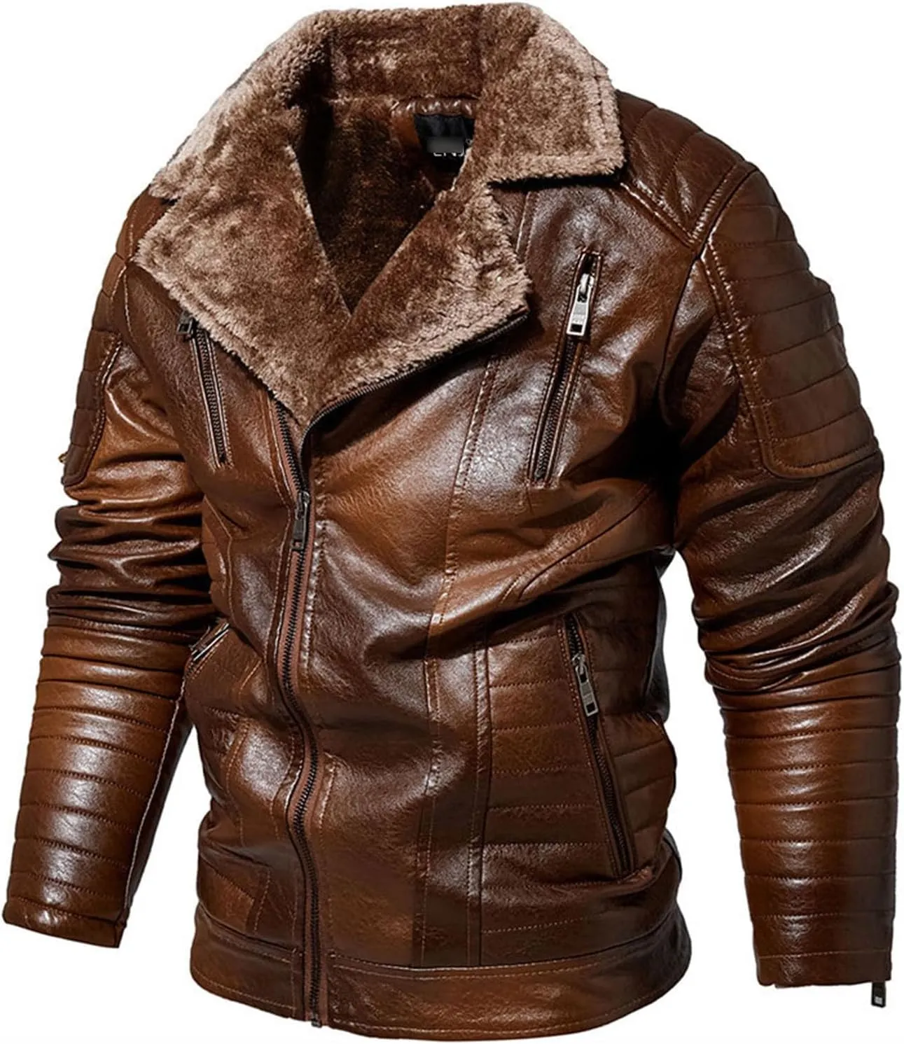 JEsilunmaMY Men's Retro Sherpa Motorcycle Leather Jacket Fleece Lined Suit Collar Moto Biker Coat Fall Winter Warm Outwear