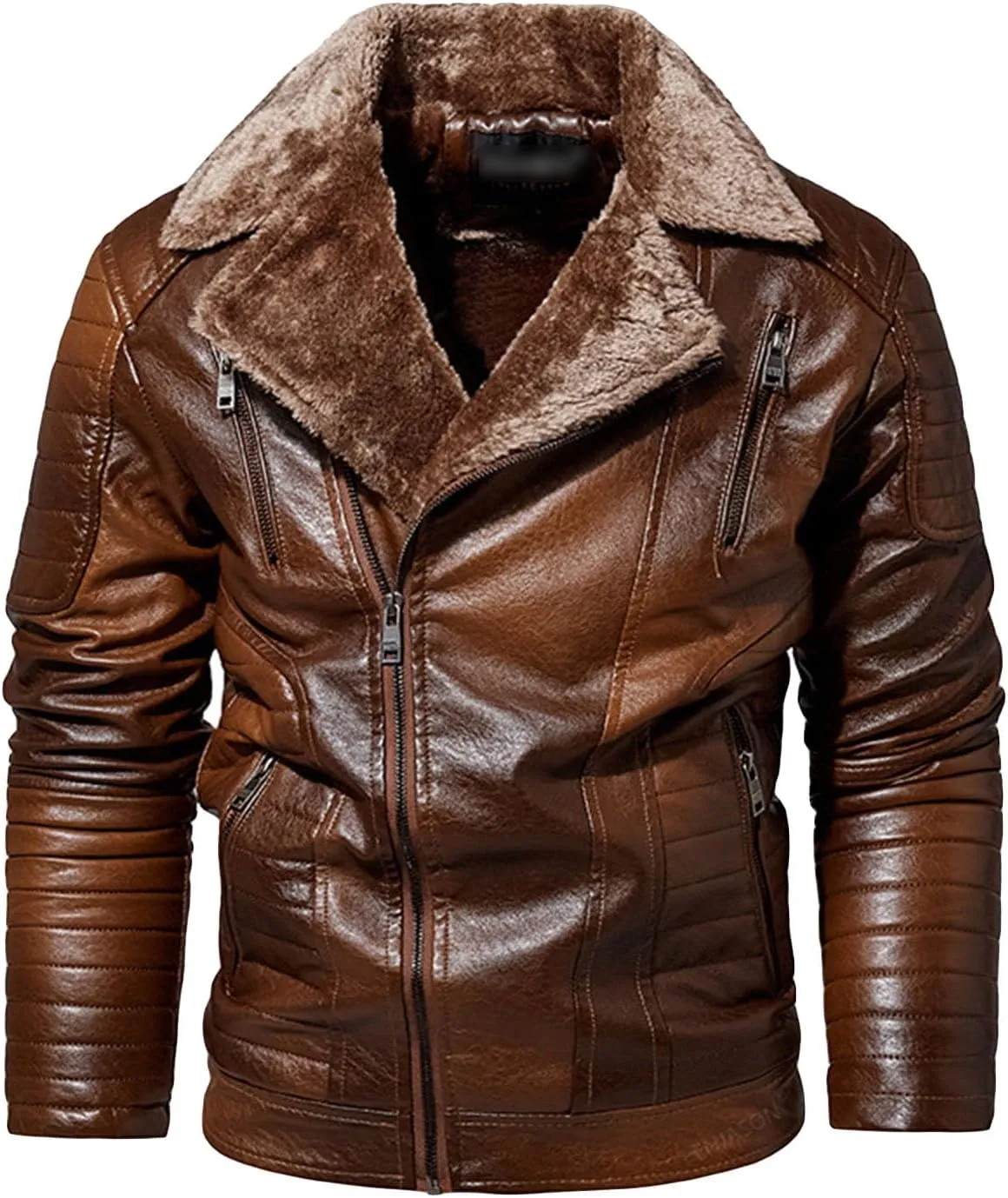 JEsilunmaMY Men's Retro Sherpa Motorcycle Leather Jacket Fleece Lined Suit Collar Moto Biker Coat Fall Winter Warm Outwear