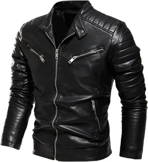 JEsilunmaMY Men's Solid Color Leather Motorcycle Jacket Casual Stand Collar Bomber Jacket Slim Fit Fall Winter Biker Outwear