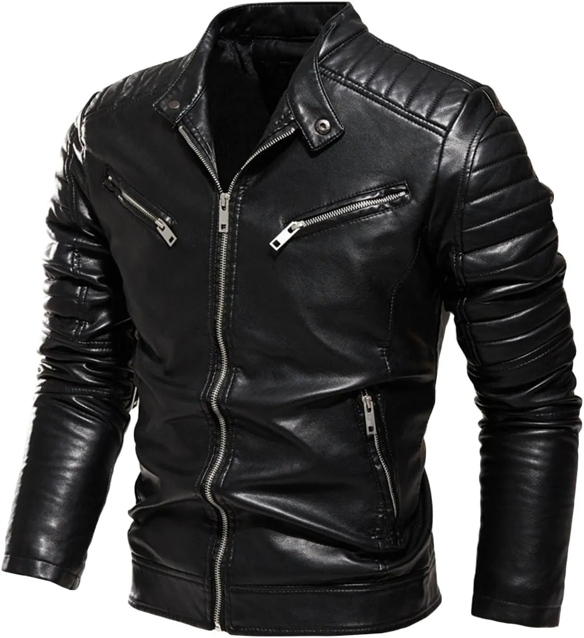 JEsilunmaMY Men's Solid Color Leather Motorcycle Jacket Casual Stand Collar Bomber Jacket Slim Fit Fall Winter Biker Outwear