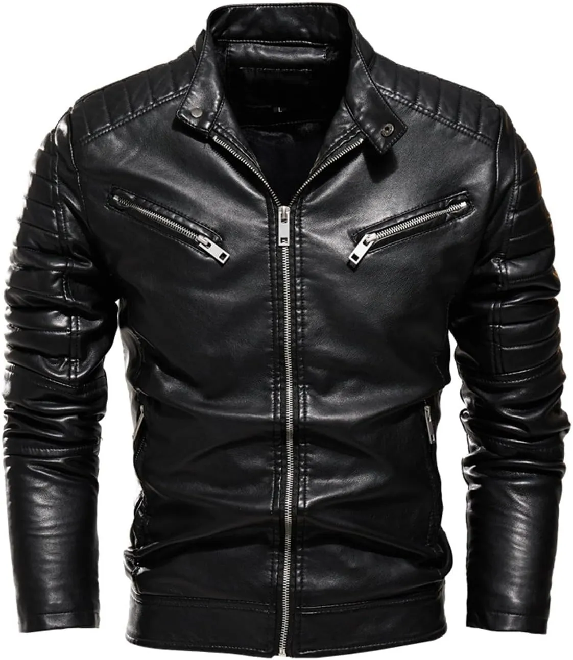 JEsilunmaMY Men's Solid Color Leather Motorcycle Jacket Casual Stand Collar Bomber Jacket Slim Fit Fall Winter Biker Outwear