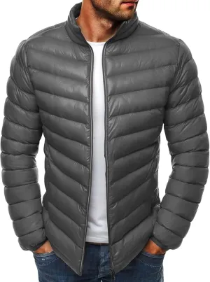JEsilunmaMY Men's Stand Collar Puffer Down Jacket Lightweight Full Zip Packable Winter Jacket Solid Color Windproof Warm Coat