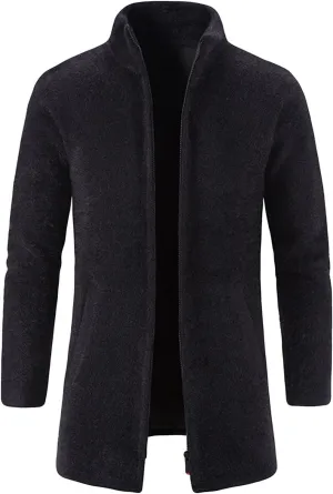 JEsilunmaMY Mens Stand Collar Zipper Warm Cardigan Long Sleeve Fall Winter Open Front Overcoat Solid Color Fleece Trench Coat