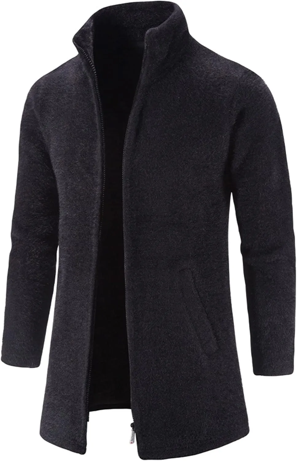 JEsilunmaMY Mens Stand Collar Zipper Warm Cardigan Long Sleeve Fall Winter Open Front Overcoat Solid Color Fleece Trench Coat