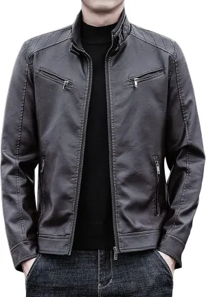 JEsilunmaMY Slim Short Leather Jacket for Men Zip Up Stand Collar Long Sleeve Biker Coat Casual Fall Motorcycle Bomber Jacket