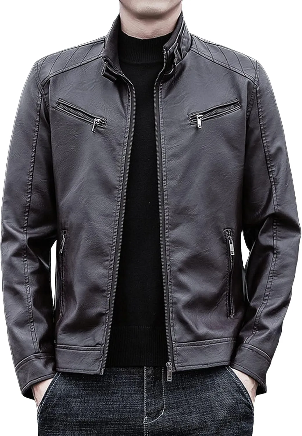 JEsilunmaMY Slim Short Leather Jacket for Men Zip Up Stand Collar Long Sleeve Biker Coat Casual Fall Motorcycle Bomber Jacket