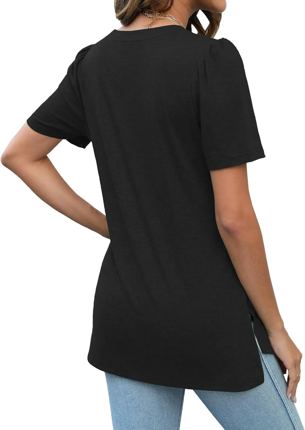JomeDesign Summer Tops for Women Short Sleeve V Neck Shirts Side Split Loose Casual Tunic Tops