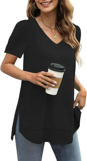 JomeDesign Summer Tops for Women Short Sleeve V Neck Shirts Side Split Loose Casual Tunic Tops