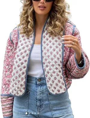 Juakoso Women Floral Print Cropped Quilted Jacket Cardigan Vintage Open Front Padded Puffler Coat Lightweight Casual Outwear