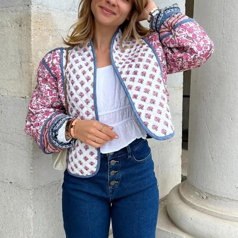 Juakoso Women Floral Print Cropped Quilted Jacket Cardigan Vintage Open Front Padded Puffler Coat Lightweight Casual Outwear