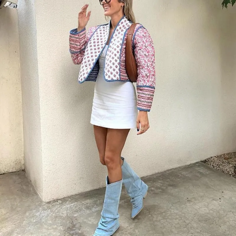 Juakoso Women Floral Print Cropped Quilted Jacket Cardigan Vintage Open Front Padded Puffler Coat Lightweight Casual Outwear