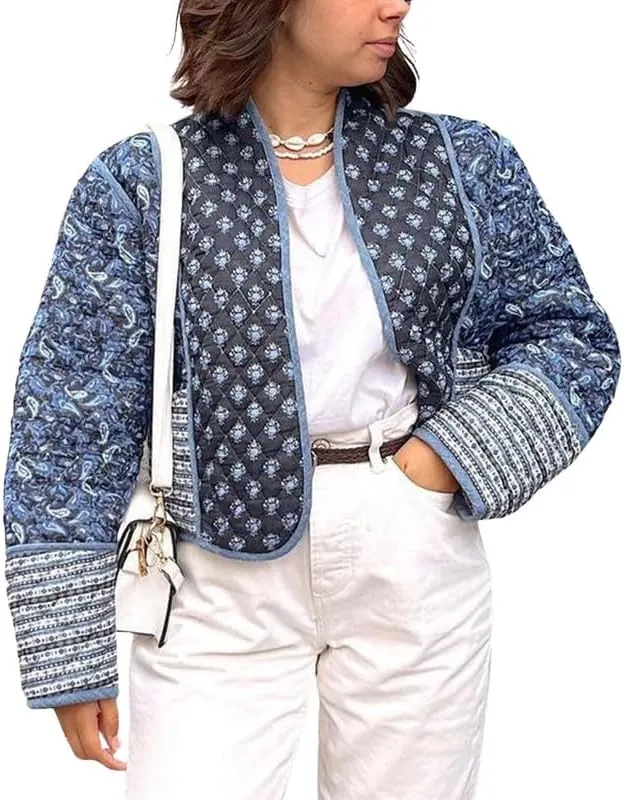 Juakoso Women Floral Print Cropped Quilted Jacket Cardigan Vintage Open Front Padded Puffler Coat Lightweight Casual Outwear