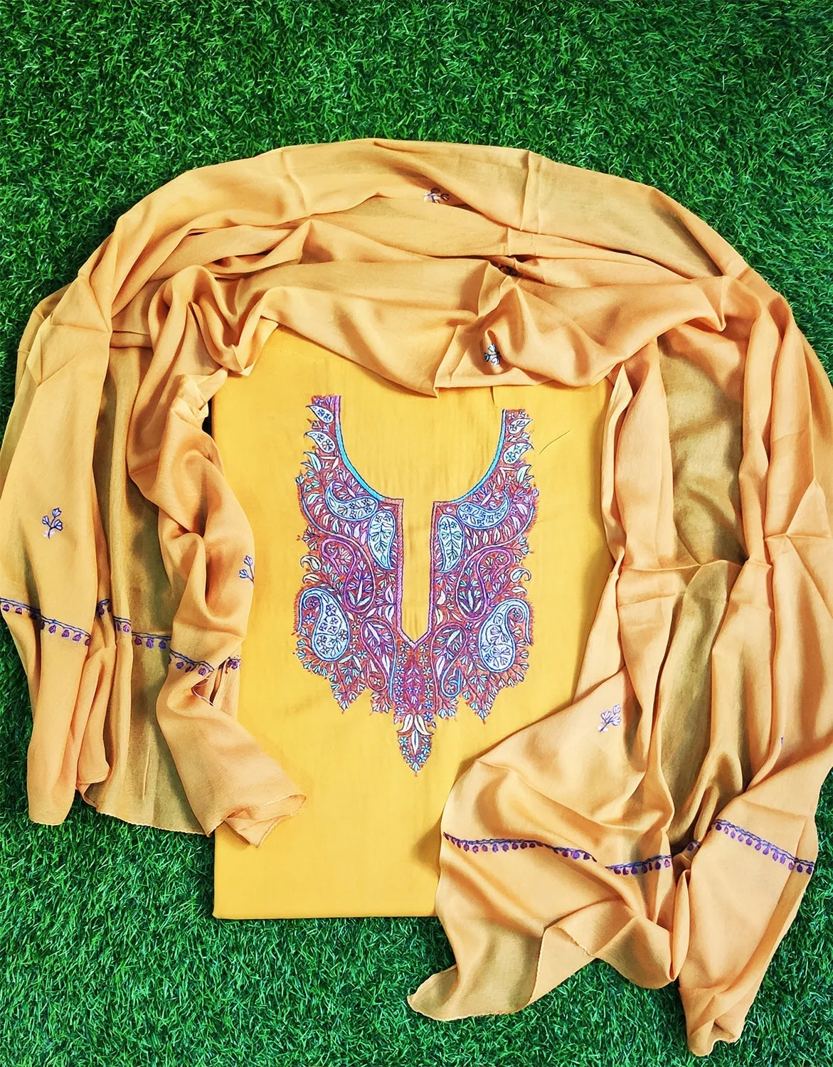 Kashmiri Mustard Colour Cotton Suit With Beautiful Kashmiri Embroidery Definitely Add Elegance.