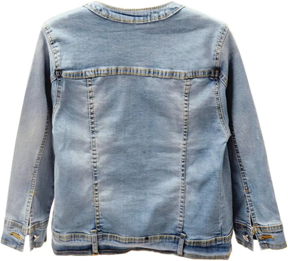 Kedera Women Denim Jacket Button Down Collarless 3/4 Sleeve Cropped Jean Jacket