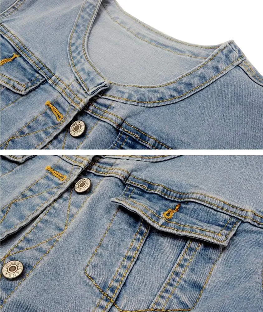 Kedera Women Denim Jacket Button Down Collarless 3/4 Sleeve Cropped Jean Jacket