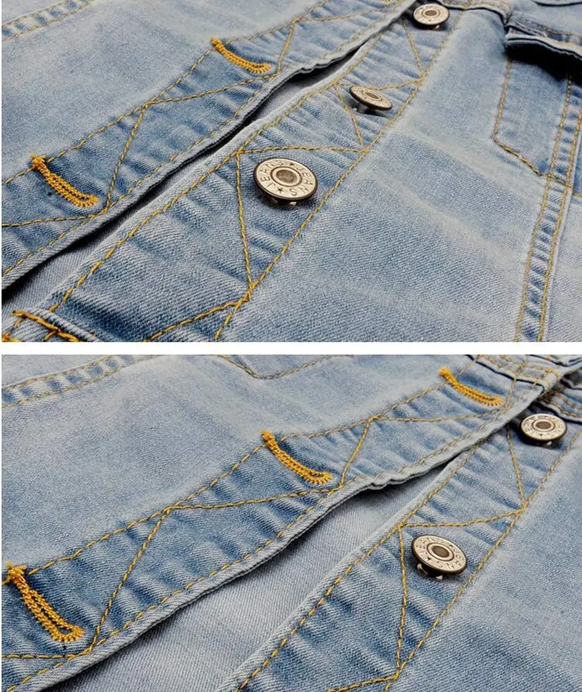 Kedera Women Denim Jacket Button Down Collarless 3/4 Sleeve Cropped Jean Jacket