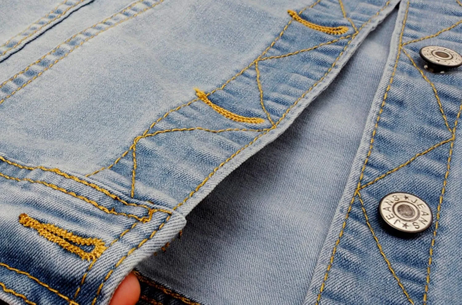 Kedera Women Denim Jacket Button Down Collarless 3/4 Sleeve Cropped Jean Jacket