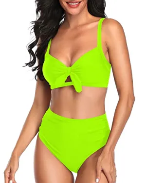 Keyhole Front Bowknot Bikini For Women Bathing Suits-Neon Yellow
