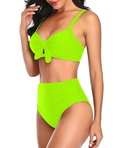 Keyhole Front Bowknot Bikini For Women Bathing Suits-Neon Yellow