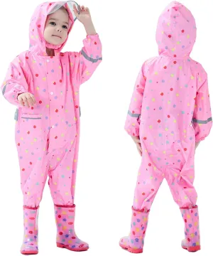 Kids Toddler Rain Suit for Boys Girls One Piece Hooded Waterproof Coverall Rain Jacket Unisex Kids Puddle Suit