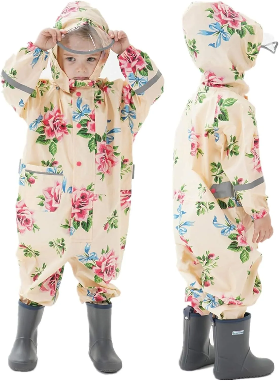 Kids Toddler Rain Suit for Boys Girls One Piece Hooded Waterproof Coverall Rain Jacket Unisex Kids Puddle Suit