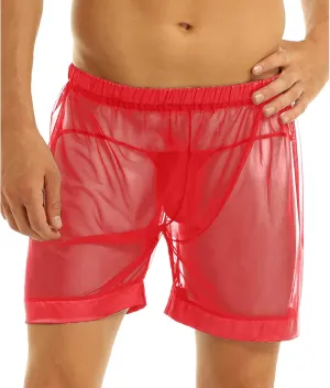 Kingspinner Men's See Through Shorts Sexy Mesh Loose Shorts Boxer Lounge Underwear Cover up Boxer Trunks