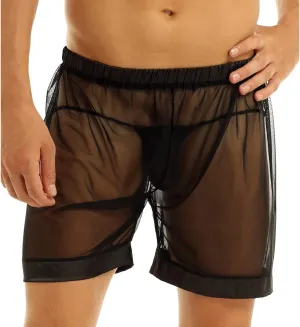 Kingspinner Men's See Through Shorts Sexy Mesh Loose Shorts Boxer Lounge Underwear Cover up Boxer Trunks
