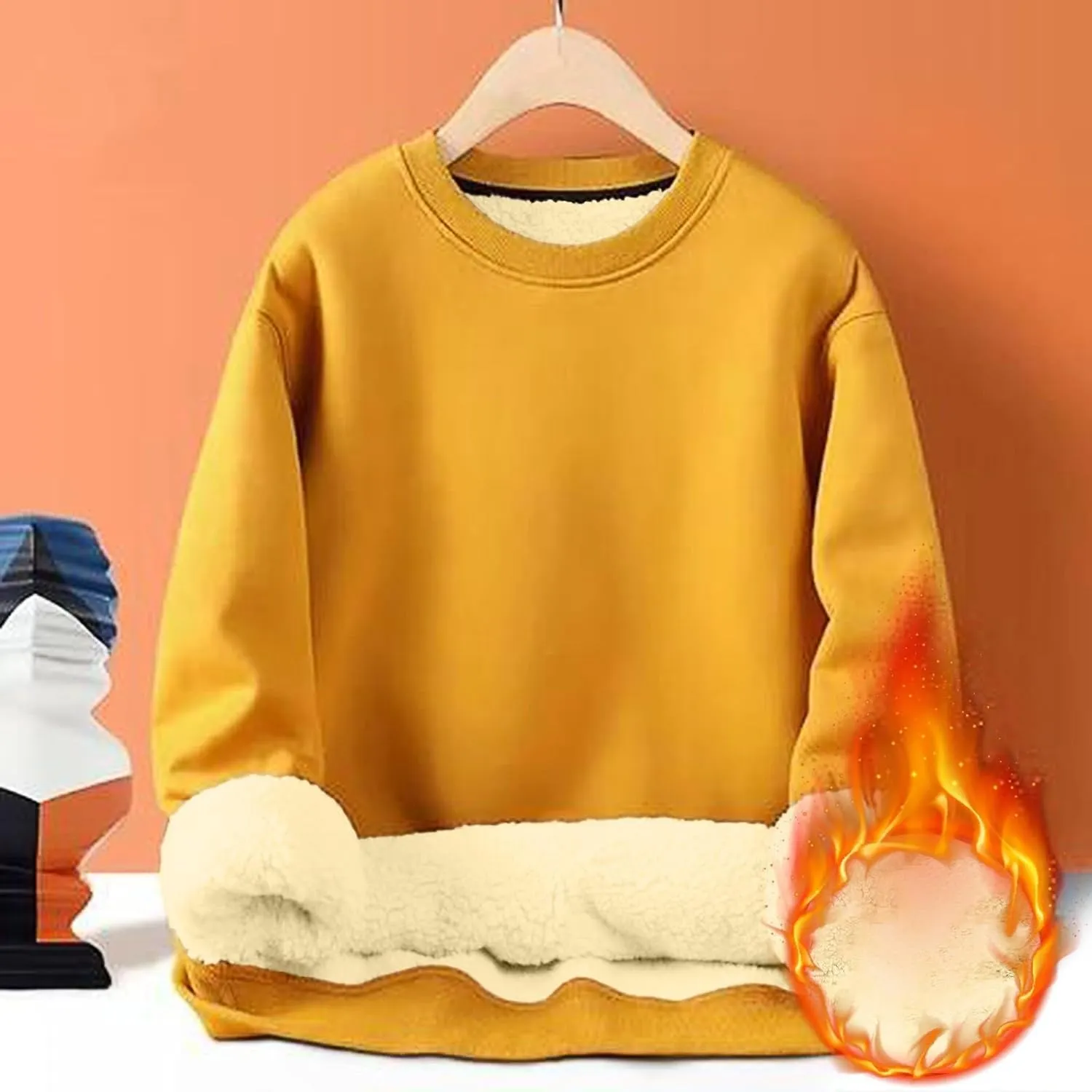 KUIOLYPOER Men's Crewneck Sweatshirt Casual Long Sleeve Solid Fleece Sweatshirt Fall and Winter Warm Sherpa Lined Pullover